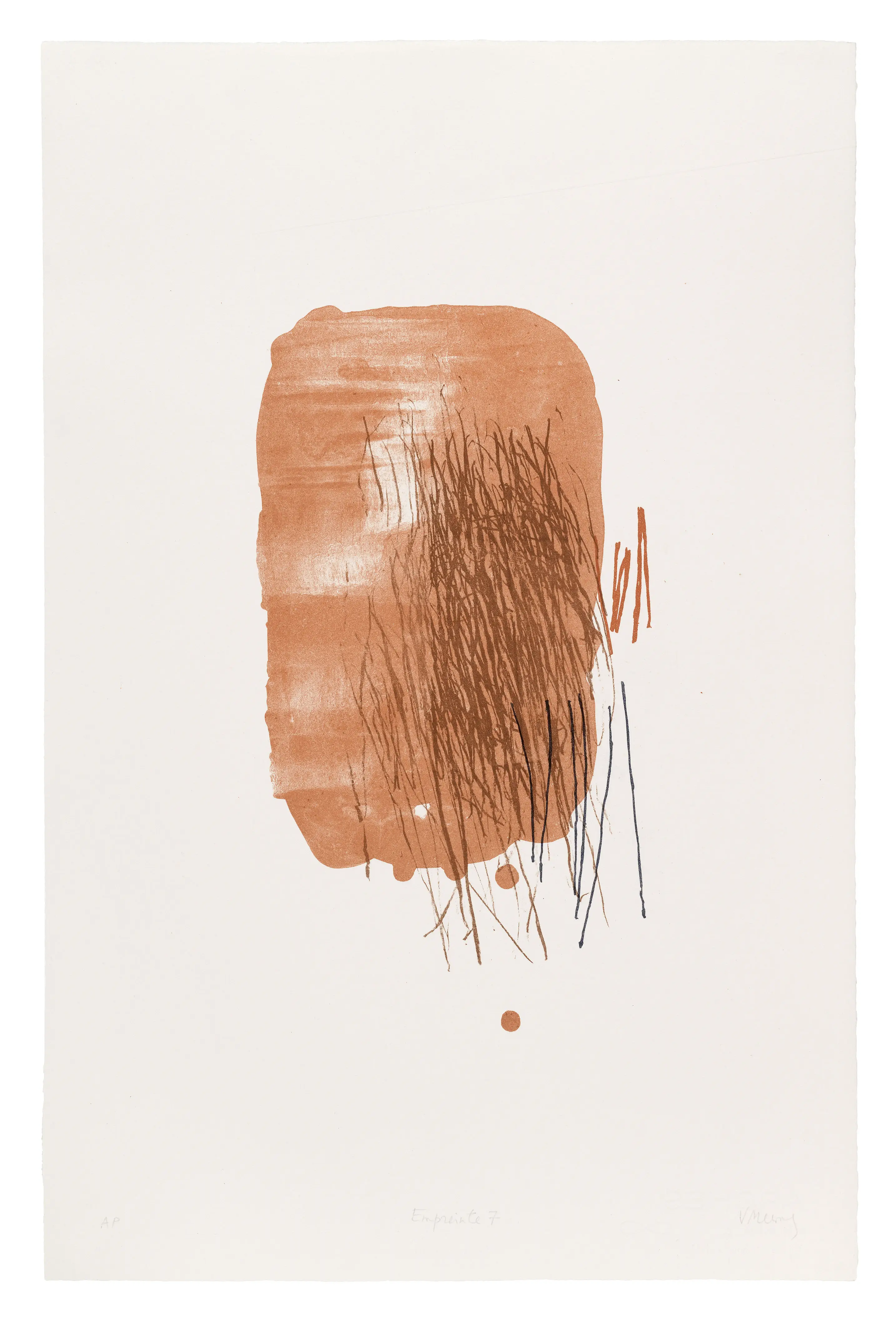 Empreinte 7 stone lithograph 111mm x 111mm Abstract orange form with red scribble on white background